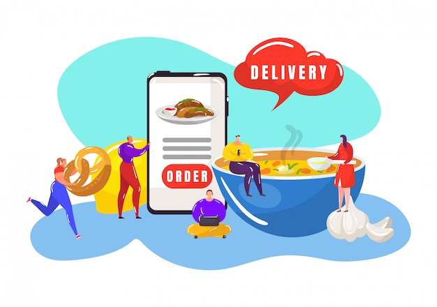 Vector food delivery fast service with online ordering food on mobile phone, express lunch and dinner shipping advertising  illustration. restaurant express food delivery service with tiny people and h