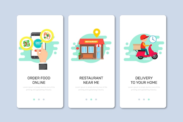 Vector food delivery onboarding screens for application