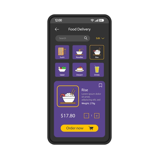 Food delivery smartphone app interface vector template