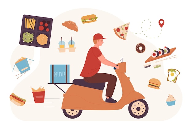 Vector food mobile delivery of takeaway orders fast food and products by courier on scooter