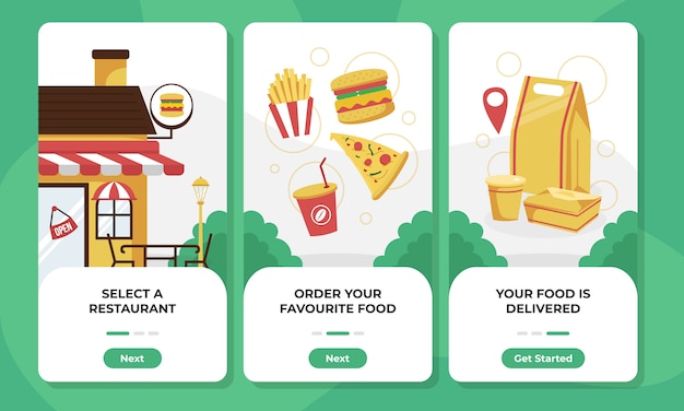 Vector food order and delivery onboarding screens