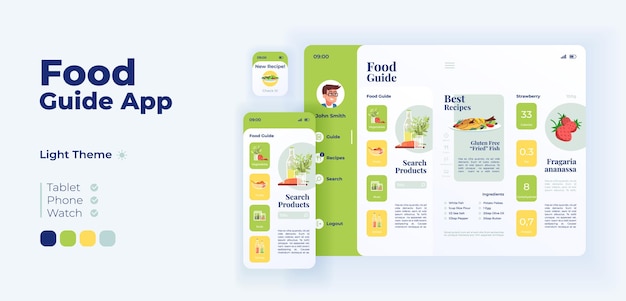 Food products selection app screen vector adaptive design template. Fresh lunch ingredients application day mode interface with flat characters. Smartphone, tablet, smart watch cartoon UI