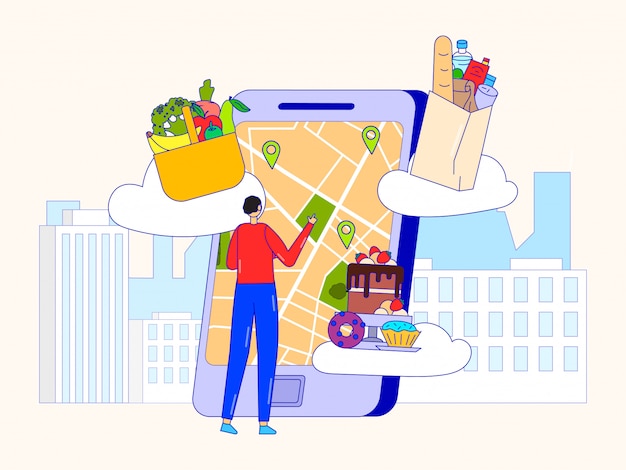 Vector food shop online, delivery service  illustration. man client choose address at smartphone gps map for fast ordering.