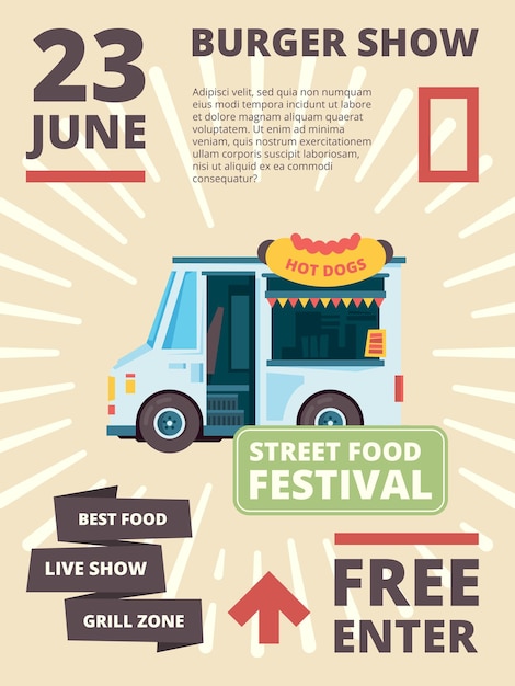 Vector food truck poster. delivering products festival invite cars with cousine burgher party banner