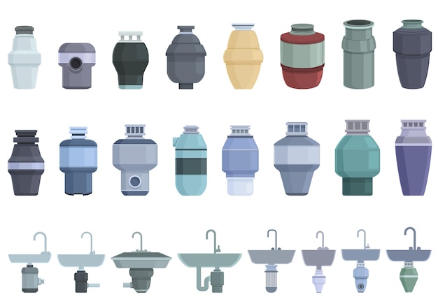 Food Waste Disposer icons set cartoon vector Garbage sink