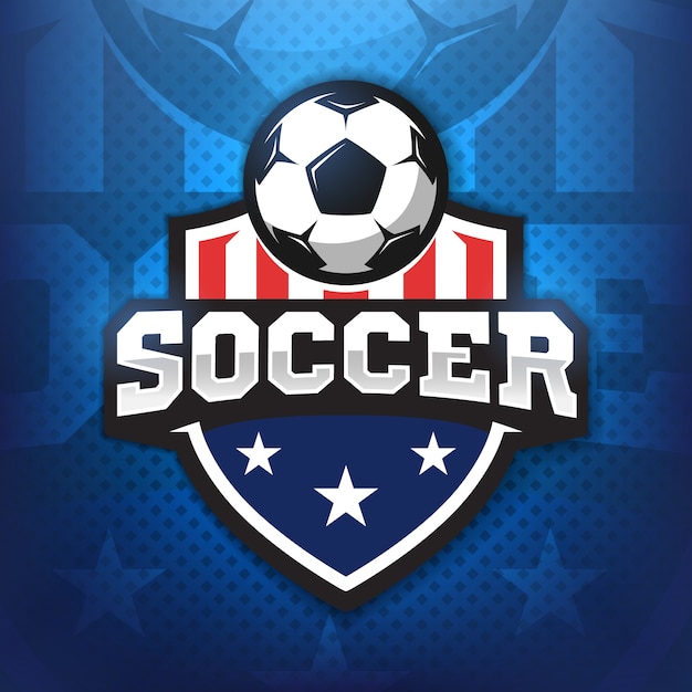 Football professional logo in flat style, soccer ball and shield with stars. Sport games.