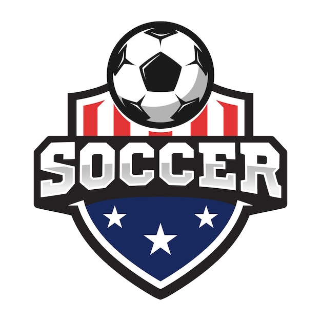 Football professional logo in flat style, soccer ball and shield with stars