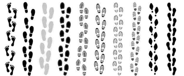 Vector footprints human silhouette collection vector set isolated clip art collection shoe soles print foot print tread boots sneakers impression icon barefoot