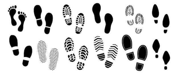 Vector footprints human silhouette vector set isolated clip art collection shoe soles print foot print tread boots sneakers impression icon barefoot