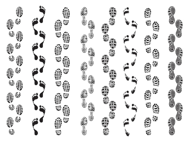 Footprints shapes. Movement direction of human shoes boots walking footprints vector silhouettes