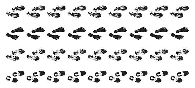 Vector footsteps pattern track walking step by step human walk barefoot and wear boots footstep black silhouettes footprints trails neoteric vector set