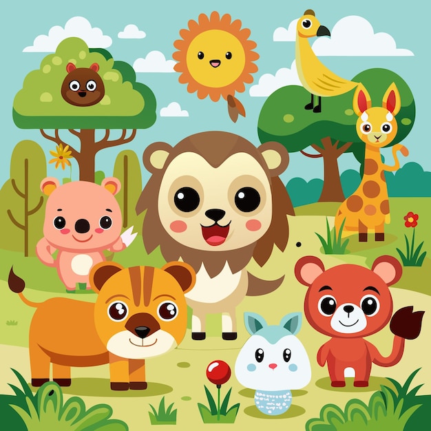 Vector forest animal village cute cartoon animals in nature setting