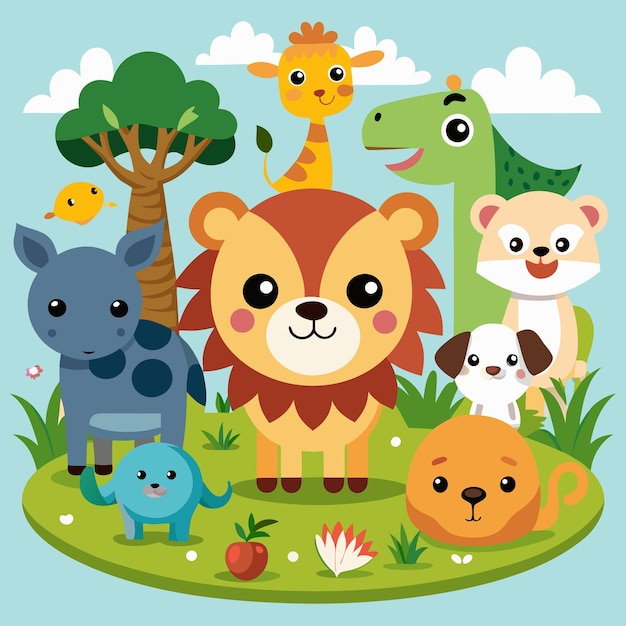 Vector forest animal village cute cartoon animals in nature setting