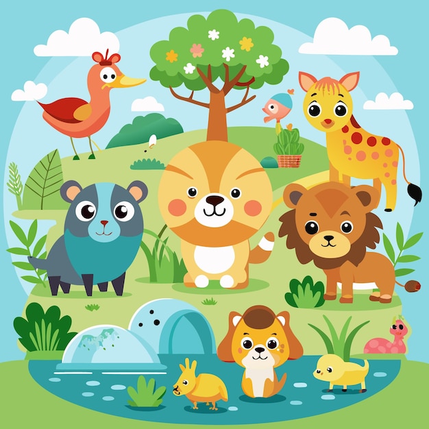 Vector forest animal village cute cartoon animals in nature setting