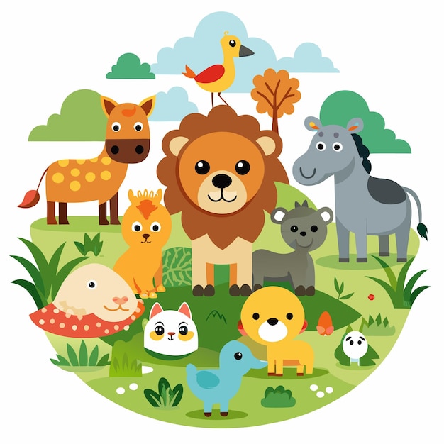 Vector forest animal village cute cartoon animals in nature setting