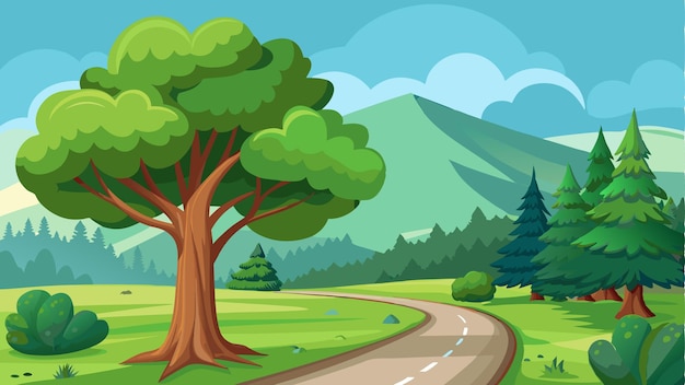 Vector forest green tree beside road and river for cartoon animation