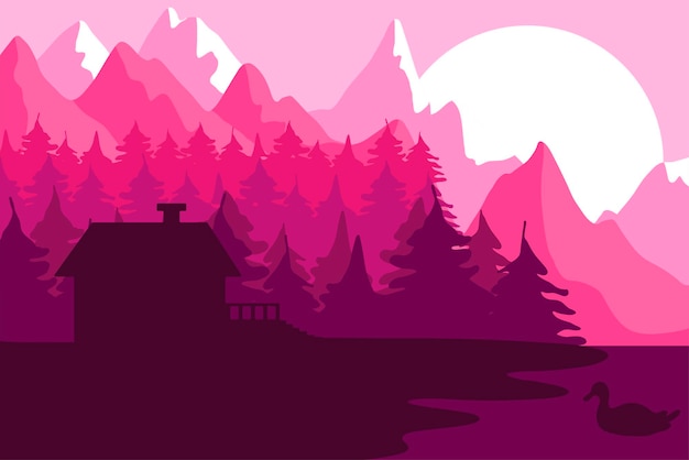 Forest house near the mountains. Forest with river and park landscape. Sunset panorama. Natural scene with lake and duck. Vector