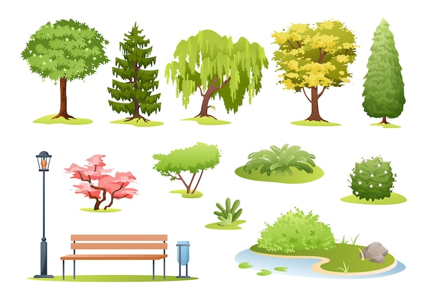 Forest and park trees. Cartoon trees, bushes with flowers, fern and park