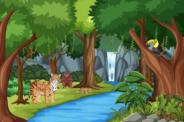 Forest scene with different wild animals