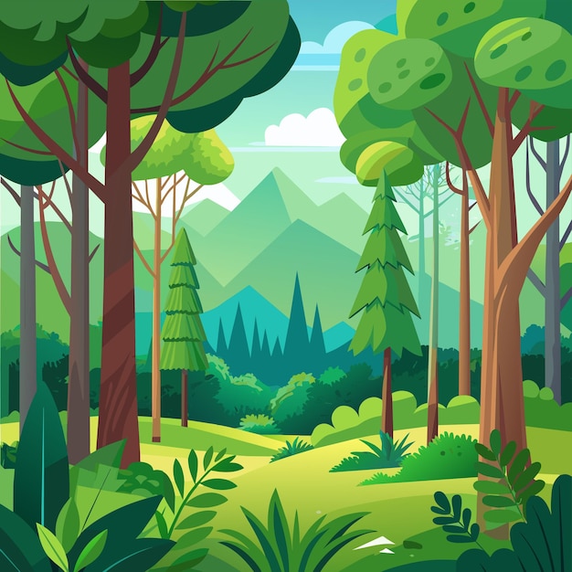 Vector a forest with mountains and trees with a mountain in the background