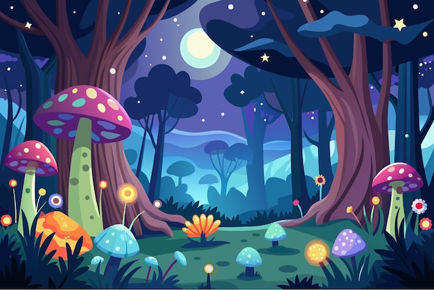 Vector a forest with mushrooms and a forest with a full moon in the background