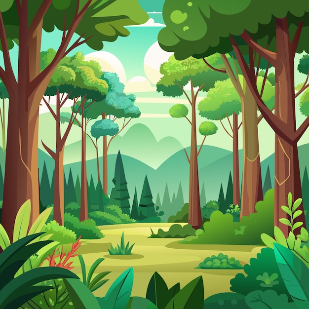 Vector a forest with trees and mountains in the background