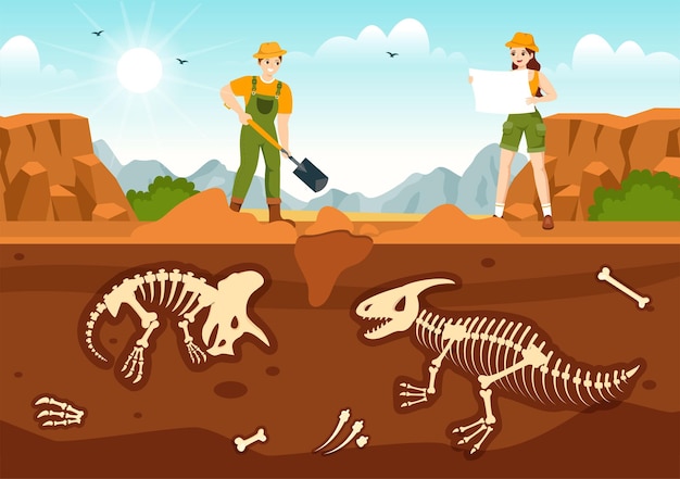 Fossil Illustration with Archaeologists Finds Dinosaur Skeletons on Excavation or Digging Soil Layer