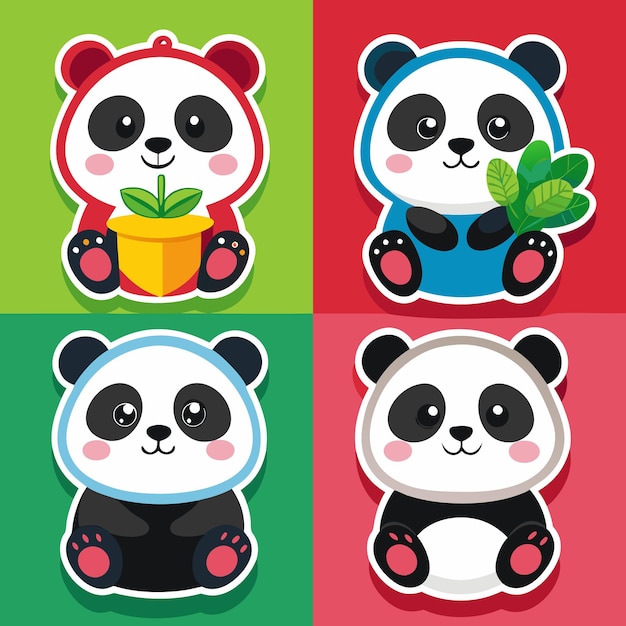 Vector four adorable cartoon pandas with different colored hats and accessories