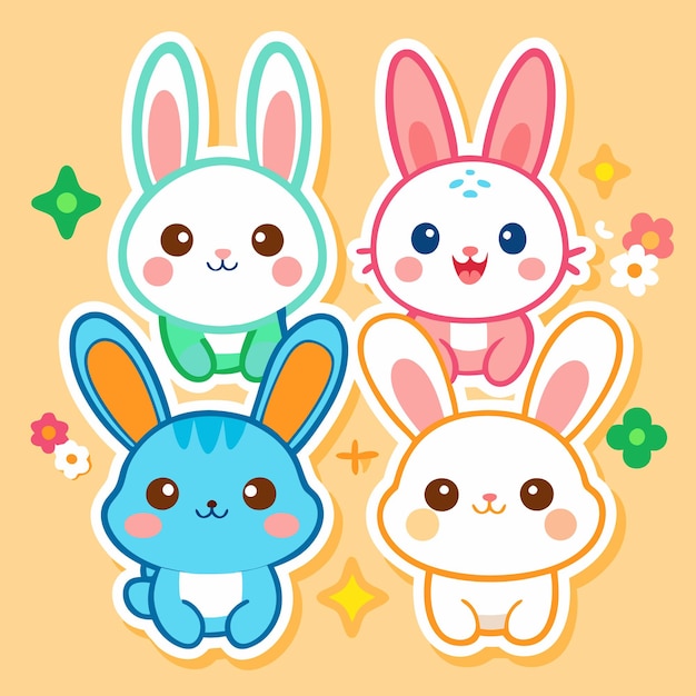 Vector four cartoon bunny rabbits with different colored ears and fur on a pastel yellow background