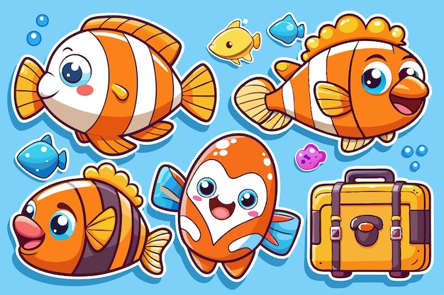 Vector four cartoon clownfish with a suitcase