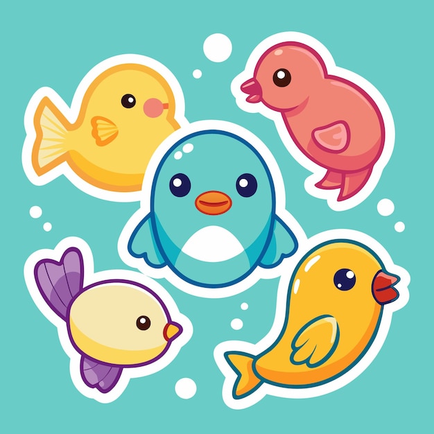 Vector four cartoon fish swimming in blue water