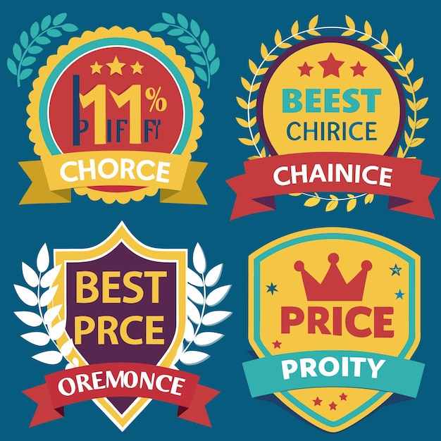 Vector four colorful badges with laurel wreaths and ribbons with the text 391st choice39 39best choice39 39best price39 and 39best price39 with a crown