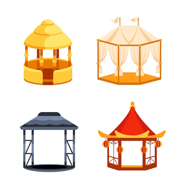 Vector four colorful illustrations depicting different gazebo styles ideal for representing outdoor relaxation garden design or architectural diversity