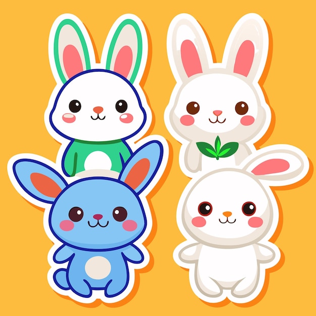 Vector four cute cartoon bunnies with different colors on a yellow background