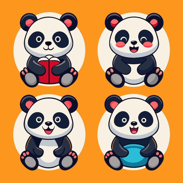 Vector four cute cartoon pandas sitting with different expressions and holding various objects