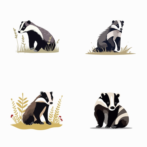 Vector four different drawings of badgers in various poses