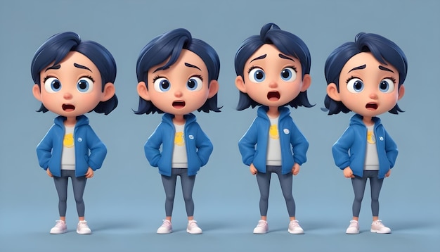 Vector four different poses of a cartoon girl in a blue jacket