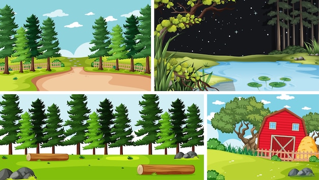 Four different scenes in nature setting cartoon style