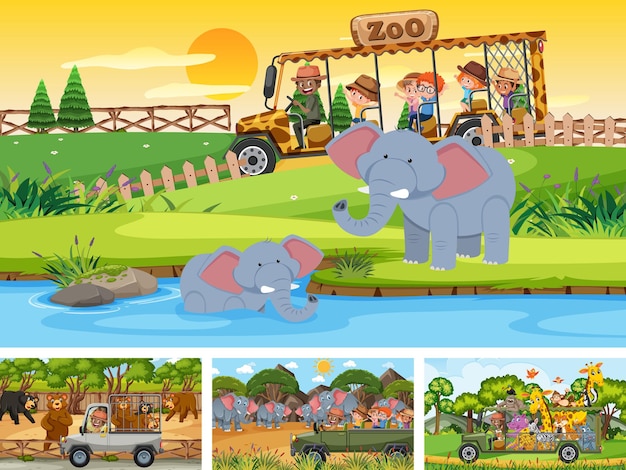 Four different zoo scenes with kids and animals