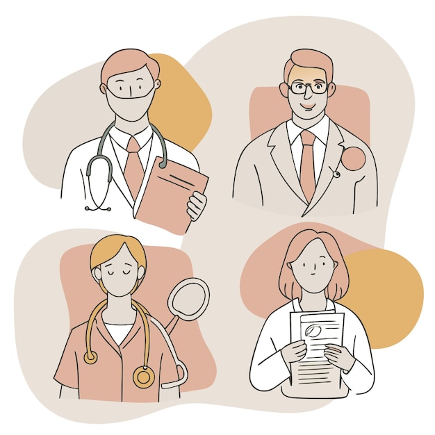 Vector four diverse medical professionals illustrated in a minimalist style