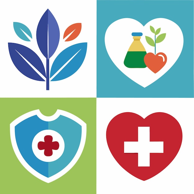 Vector four icons with medical and natural elements a leaf with three leaves a heart with a vial and a plant a shield with a cross and a heart with a cross