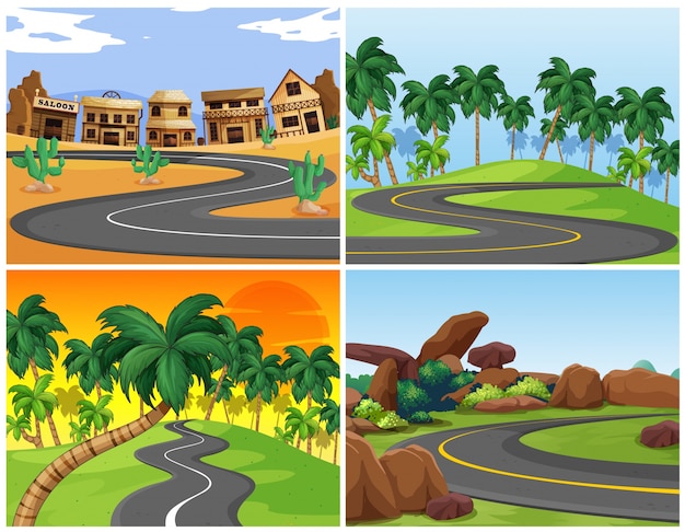 Four scenes with empty roads