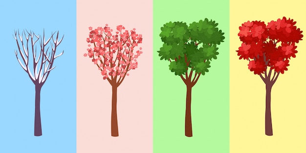 Four seasons tree. Winte. Spring. Summer. Autumn. Vector illustration.