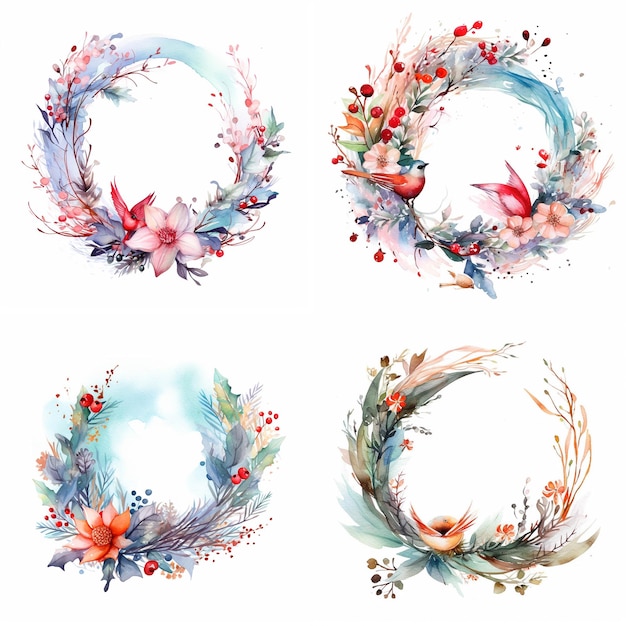 Vector four wreaths with flowers and birds