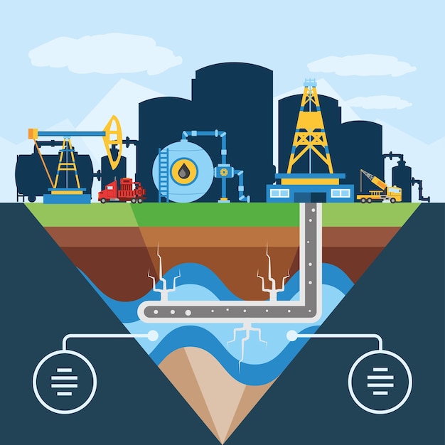 Fracking schematic diagram of hydraulic well for oil reservoir  illustration