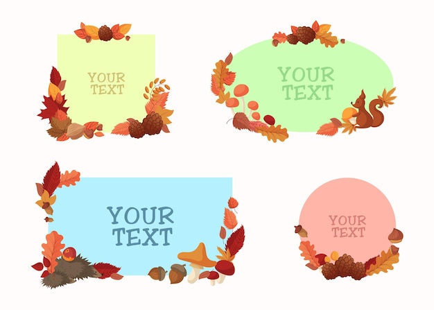 Vector frames with autumn leaves and animals vector illustrations set