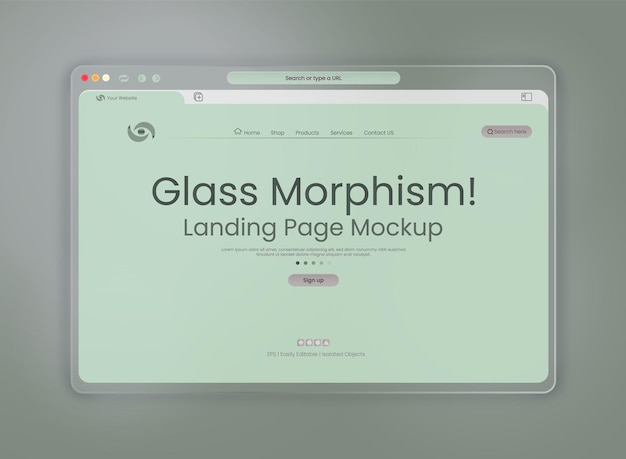 Vector free vector landing page template with glass morphism light interface presentation on gray backdrop