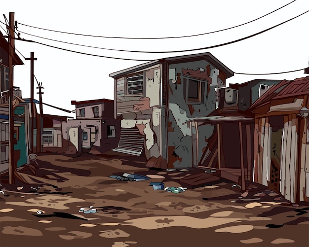 Free vector postapocalypse city cartoon with empty destroyed living buildings illustration