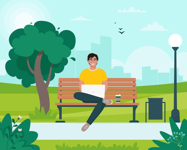 Vector freelancer man sitting on a bench with a laptop in the park