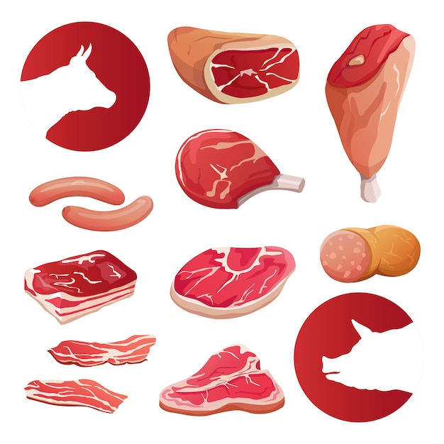 Fresh farm meat set and logos